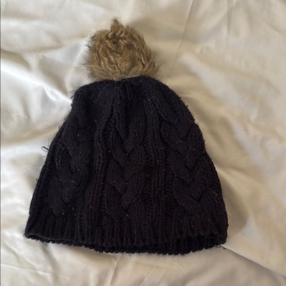 Black Knit Beanie with Faux Fur Pom